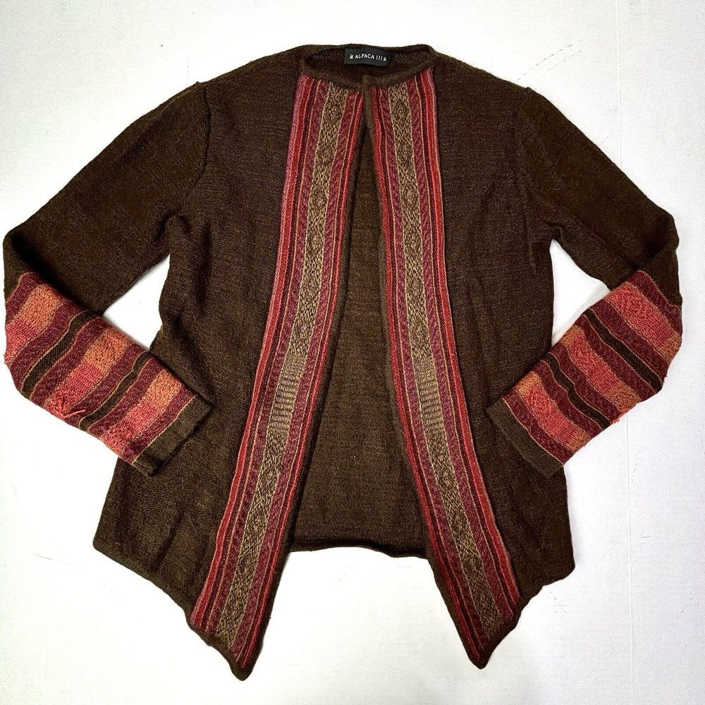 ALPACA‎ 111 PERU Baby Alpaca Wool Open CARDIGAN SMALL Knit Lapel Embellish EUC